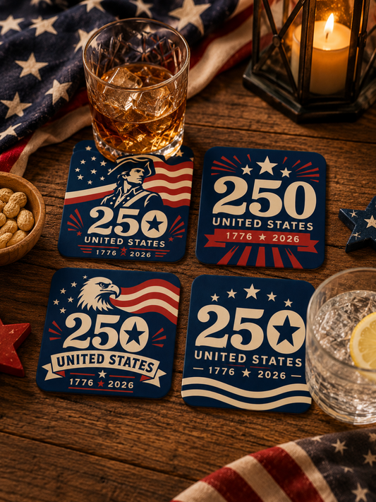 USA 250 Patriotic Coaster Set with Holder | America 250th Anniversary Drink Coasters (1776–2026)