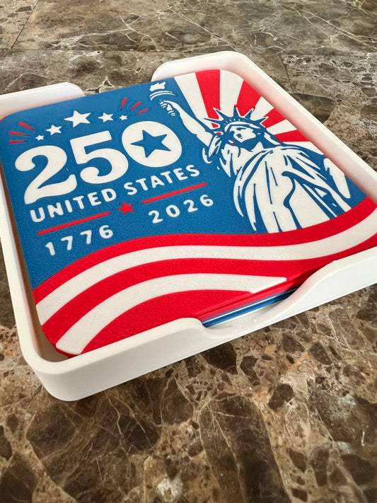 USA 250 Patriotic Coaster Set with Holder | America 250th Anniversary Drink Coasters (1776–2026)